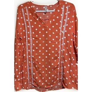 Glamour Farms women Sz S‎ long sleeve Top Coral polka-dotted Shirt Cottage Core